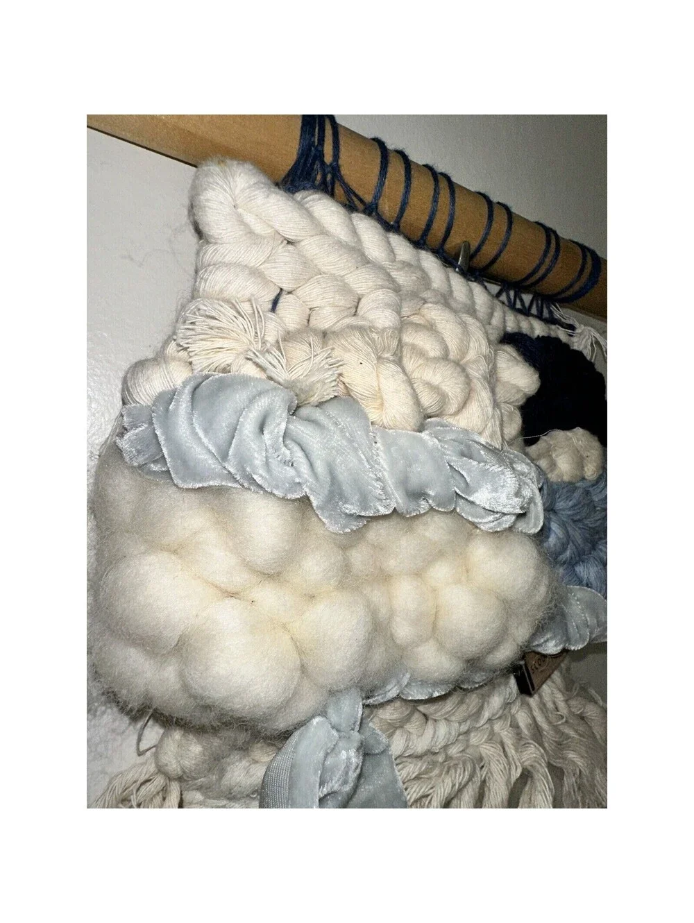 Handmade Roving Wool Velvet Tapestry Wall Hanging Bohemian Boho Ivory Blue 15